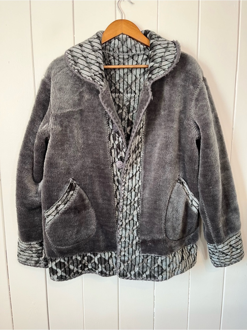 Silver and Grey Plush Faux Fur Reversible Coat.